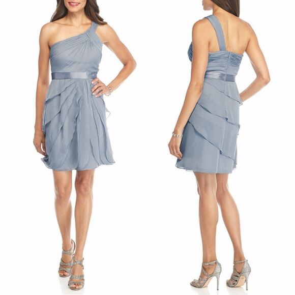 New! ADRIANNA PAPELL Women's Tiered One-shoulder Party Dress Silver/Gray - Picture 1 of 4